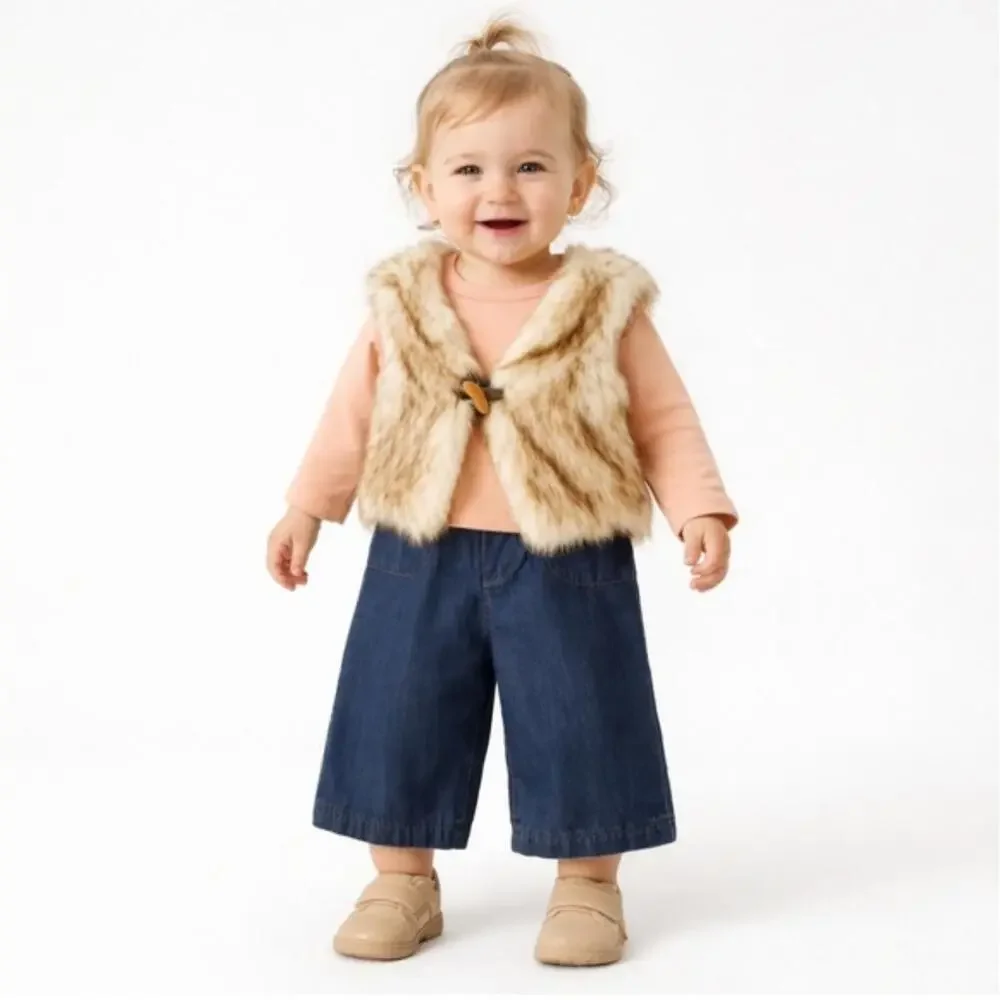 Max Studio 3Pc Girl Tan Faux Fur Vest and Denim Set 24 months